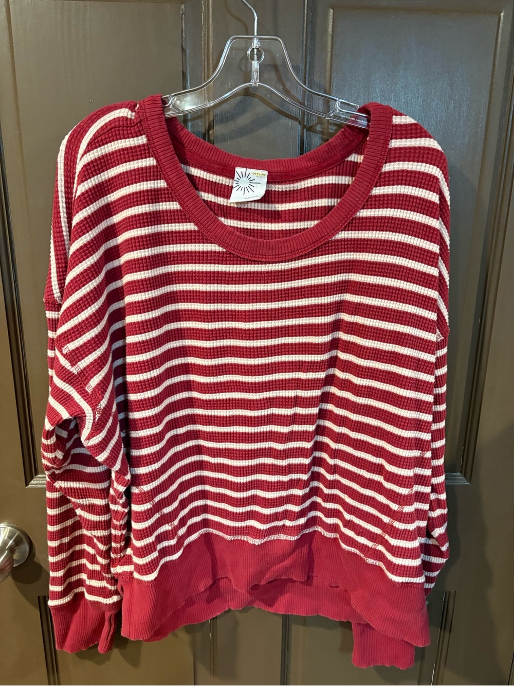 Aerie Red Striped Waffle Long Sleeve Top